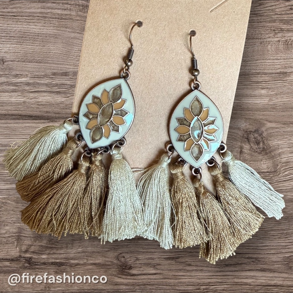 Boho Tassel Drop Earrings in Cream and Gold by